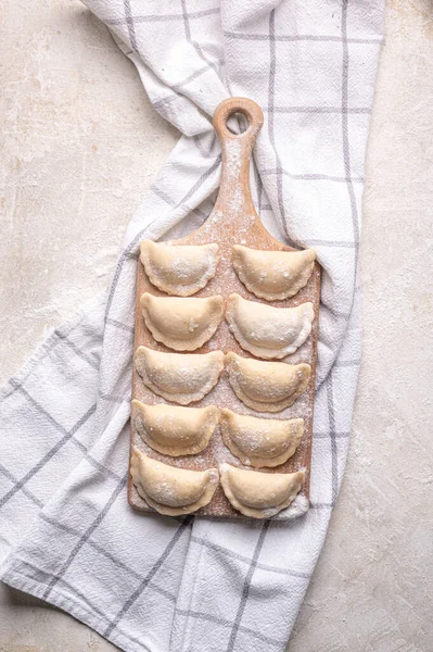 Raw Dumpling Potatoes Preparation Dumplings Light Background Wooden Board Fresh — Stok fotoğraf