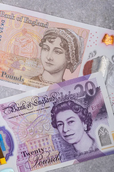 Валюта Великої Британії Банкноти Номіналом Портретом Королеви Єлизавети Сірому Фоні — стокове фото