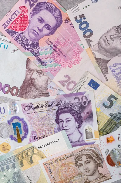 Багато Різних Грошей Гривня Євро Фунт Обмінний Курс Комп Ютерний — стокове фото