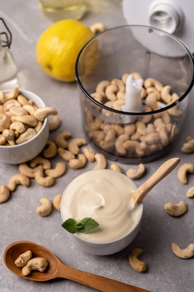 Cashew Nut Cream Cheese White Bowl Cooking Ingredients Butter Salt — Stock Photo, Image