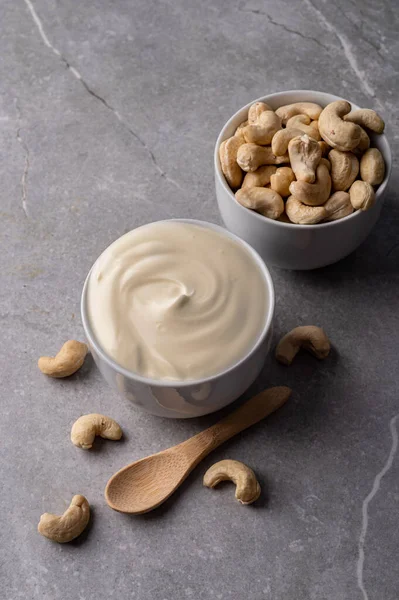 Cashew Nut Cream Cheese White Bowl Plate Gray Marble Stone — Stock Photo, Image