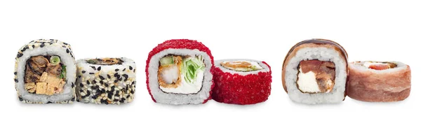 Sushi Set Rolls White Black Sesame White Background Japanese Cuisine — Stock Photo, Image
