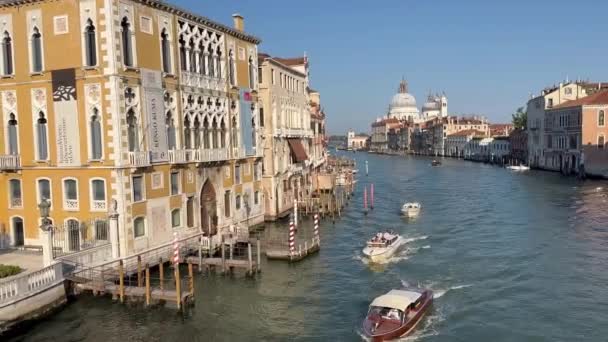 从Accademia桥到威尼斯Santa Maria Della Salute大教堂的风景 — 图库视频影像