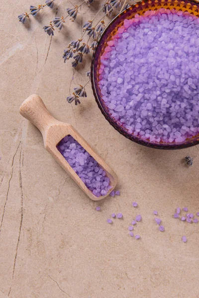 Lavender Cooking Salt Glass Decorative Plate Wooden Spoon Marble Tabletop — Stock Photo, Image