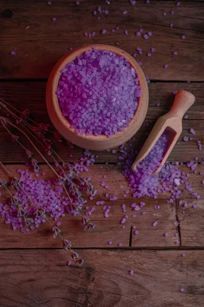 Lavendel Kookzout Houten Kom Met Lepel Decaan Achtergrond Rustieke Stijl — Stockfoto