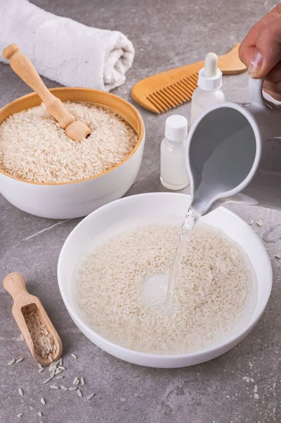 Rijst Water Thuis Koken Verzorging Ecologische Cosmetica Navullen Gebruik Van — Stockfoto