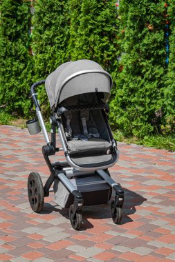 Modern gri bebek arabası bahçede..