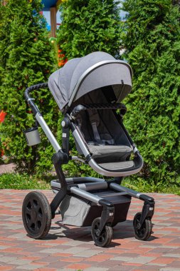 Modern gri bebek arabası bahçede..