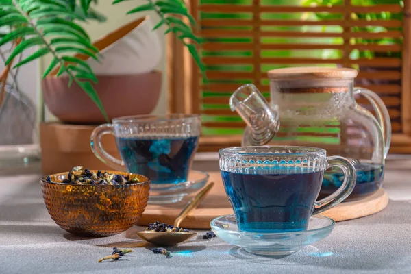泰国蓝茶 天然抗抑郁剂 安抚和规范涅盘系统 草药和天然产品的力量 生态消费 与自然和谐相处 免版税图库照片