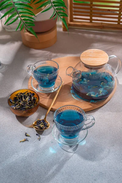 泰国蓝茶 天然抗抑郁剂 安抚和规范涅盘系统 草药和天然产品的力量 生态消费 与自然和谐相处 图库照片