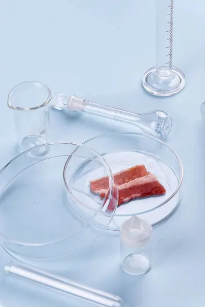 Bacon Glass Petri Dish Laboratory Studies Artificial Meat Chemical Stock — Stock Photo, Image