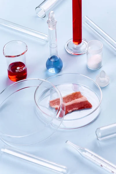 Bacon Glass Petri Dish Laboratory Studies Artificial Meat Chemical Stock — Stock Photo, Image