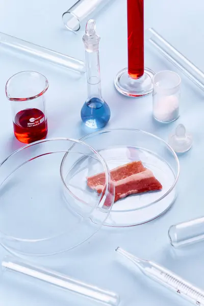 玻璃杯中的培根 人工肉类的实验室研究 化学品库存图像 免版税图库照片