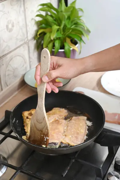 Women Hands Fry Pieces Fish Batter Flour Eggs Home Cooking — 스톡 사진