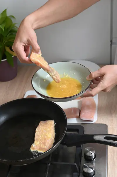 Women Hands Roll Pieces Fish Flour Egg Batter Home Cuisine — 스톡 사진