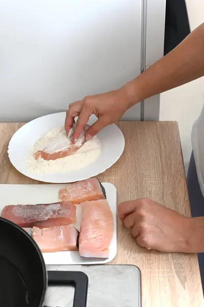 Women Hands Roll Pieces Fish Flour Egg Batter Home Cuisine Стокове Зображення