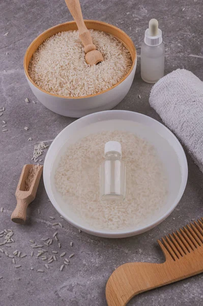 Home facial care. Cosmetics based on rice water. Rice water for hair car