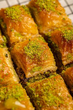 İnce fıstıklarla kaplı pullu baklava. Pekmeze batırılmış fillo hamurunun zengin dokusu ve canlı yeşil fındıklar bu ikonik Orta Doğu tatlısının hoşgörülü doğasını vurguluyor.