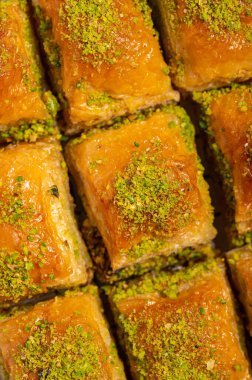 İnce fıstıklarla kaplı pullu baklava. Pekmeze batırılmış fillo hamurunun zengin dokusu ve canlı yeşil fındıklar bu ikonik Orta Doğu tatlısının hoşgörülü doğasını vurguluyor.