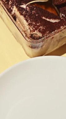 Tarafsız sarı arka planda bir tabakta tiramisu tatlısı.