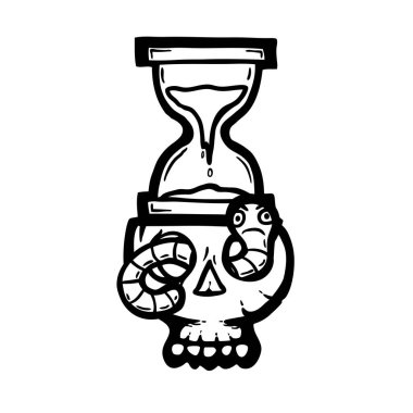 Cartoon skull, hand drawn vector illustration with worm and sand clock