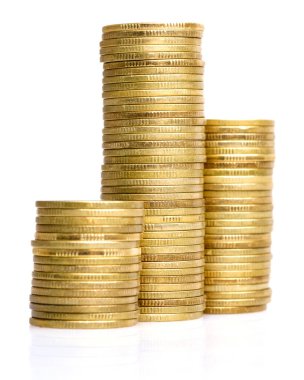 old & used golden coins stack up in white background