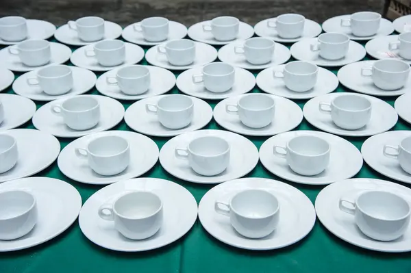 many  coffee cup set up for tea break in business meeting conference refreshing up afternoon