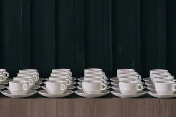 many  coffee cup set up for tea break in business meeting conference refreshing up afternoon