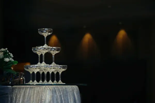 small tower of champagne\'s glass in wedding reception party