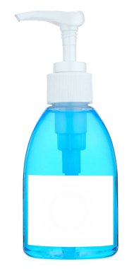 Alkol derisi antiseptik el dezenfektanı şişesi beyaz arka planda izole edilmiş. 