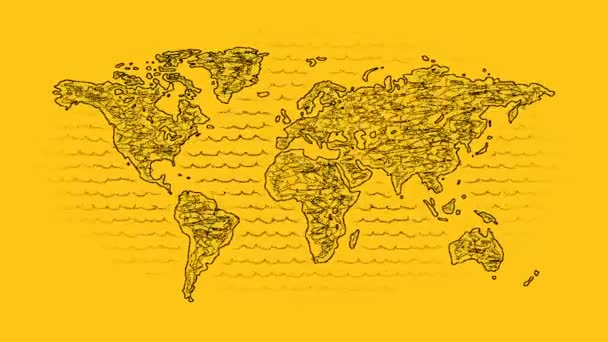 Mapa Del Mundo Dibujado Mano Animado Boceto Sobre Fondo Amarillo — Vídeo de stock