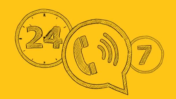 Ikony Telefoniczne Napisem Rysowane Animowane Żółtym Tle Contact Center Call — Wideo stockowe