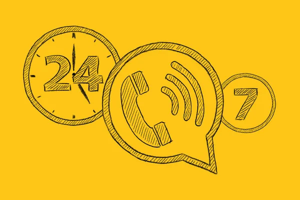 Phone icons with lettering 24-7 drawn on yellow background. Contact center, call center, service center, info center, customer support. 24-hour hotline.