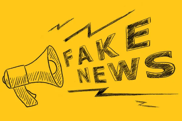 Megafon Mit Dem Text Fake News Auf Gelb Gezeichnet Handgezeichnete — Stockfoto
