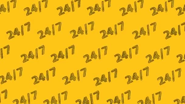 黄色の背景に描かれた24 7文字からのパターン コンタクトセンター コールセンター サービスセンター 情報センター カスタマーサポート 24時間ホットライン シームレスループビデオ — ストック動画