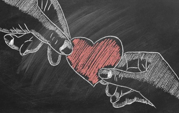 Male and female hands with heart. Concept of Love, Life, Care, Compassion, Mercy, Philanthropy, Health. I Love You. Happy Valentines day. World heart day. Take my heart. Chalk drawn illustration.