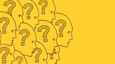 İçinde soru işaretleri olan insan yüzleri. Kim, ne, nerede, ne zaman, neden, nasıl diye en çok sorulan altı soru. Sorular soruyor. Cevaplara sahip. Bize sorun, bizimle iletişime geçin, daha fazla bilgi, araştırma