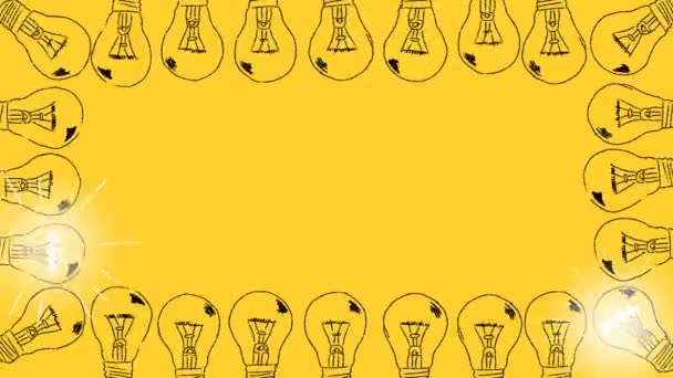 Set Light Bulbs Hand Drawn Yellow Background Concept Brainstorming Idea — Stok video