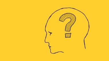 The question mark inside of the human head change to light bulb. Hand drawn illustration on yellow background. Idea concept.