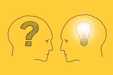 İki insan kafa kafaya. İçinde soru işareti olan sol kafa ve içinde ampul olan sağ kafa. Sarı arka planda çizilmiş bir resim. Fikir kuşağı, SSS. Soru ve cevap, soru-cevap..