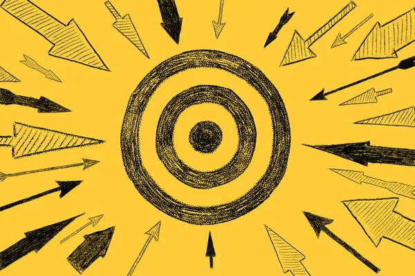 Many Different Arrows Target Drawn Yellow Background Concept Threat Danger — Stockfoto
