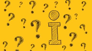 Letter I and question marks drawn on yellow background. Contact center, call center, service center, info center, information support, customer support. FAQ concept. Seamless loop video.