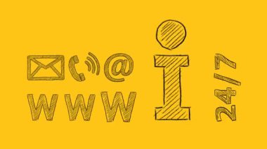 For more information contact us by phone, mail, email or visit the website. 24-7 support. Illustration drawn on yellow background. Seamless loop video.