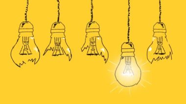 Set of light bulbs hand drawn on a yellow background. Concept of unique thinking. Idea concept. Good and bad ideas.