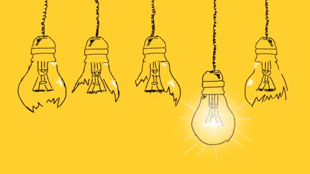 Set Light Bulbs Hand Drawn Yellow Background Concept Unique Thinking — Video