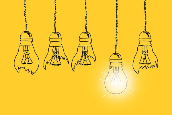 Set Light Bulbs Hand Drawn Yellow Background Concept Unique Thinking — Zdjęcie stockowe