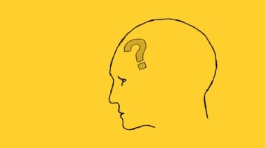 The question marks inside of the human head change to light bulbs. Hand drawn illustration on yellow background. Idea concept.