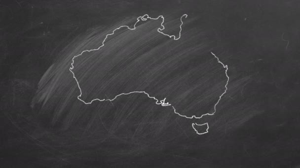 Kaart Van Australië Met Naam Vlag Krijt Getekend Een Schoolbord — Stockvideo