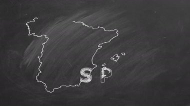 Map of Spain with name and flag inside drawn in chalk on a blackboard. Hand drawn animation. One of a large series of maps and flags of different countries. Education, travel, study abroad concept