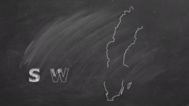 Map of Sweden with name and flag inside drawn in chalk on a blackboard. Hand drawn animation. One of a large series of maps and flags of different countries. Education, travel, study abroad concept